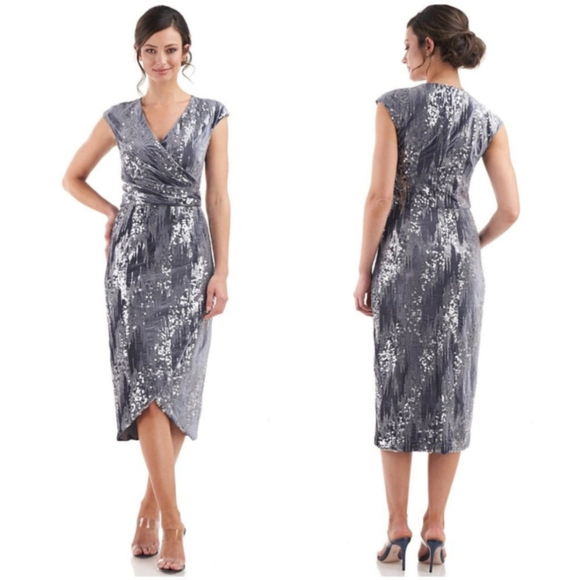 JS Collections Velvet Faux Wrap Dress Sequin Gray Cocktail Holiday Sparkly - Picture 2 of 8